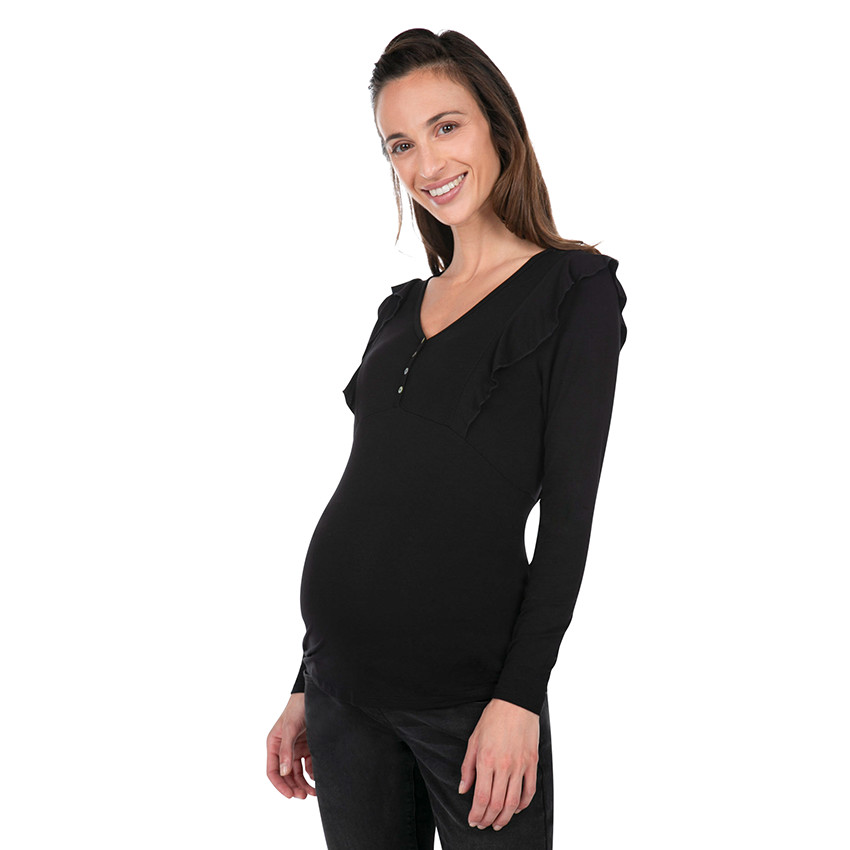 Tee-shirt de grossesse manches longues avec volants et col boutonné 