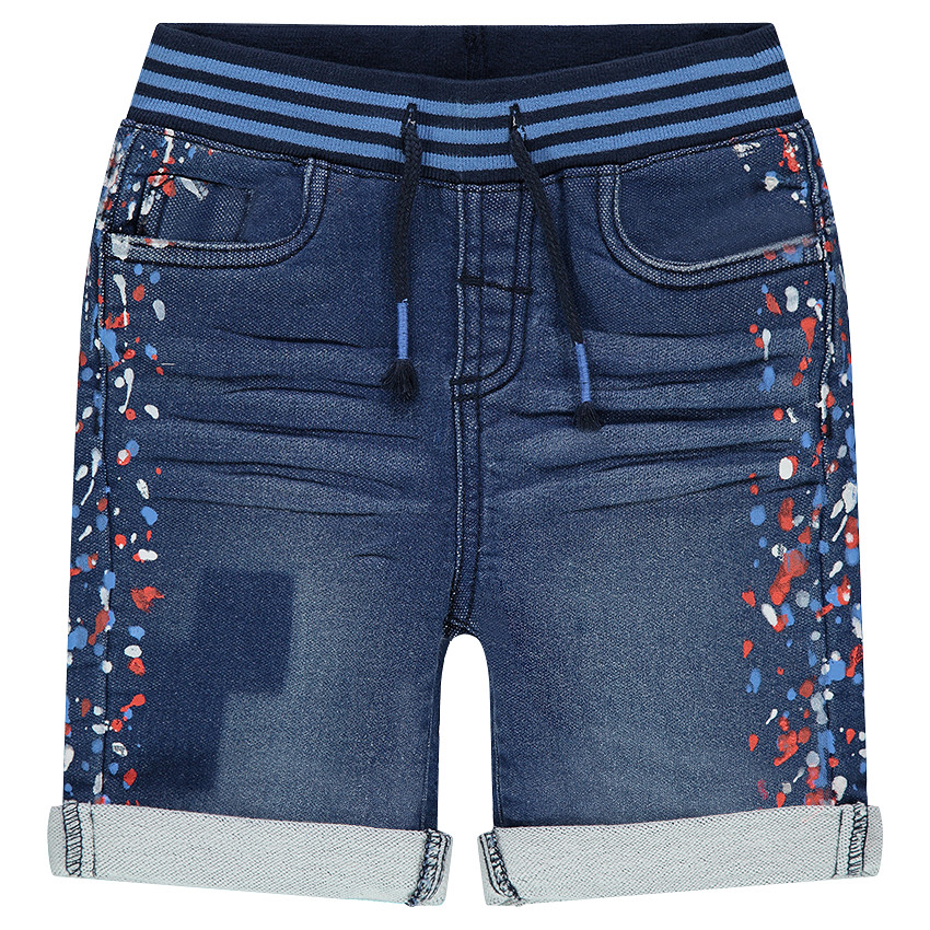 Bermuda en molleton effet jeans used avec taches colorées 