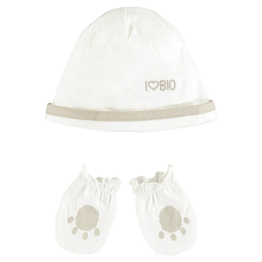 Ensemble naissance bonnet et moufles en coton bio 