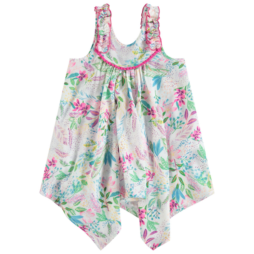 Tunique sans manches volantée avec ruchés et fleurs imprimées 