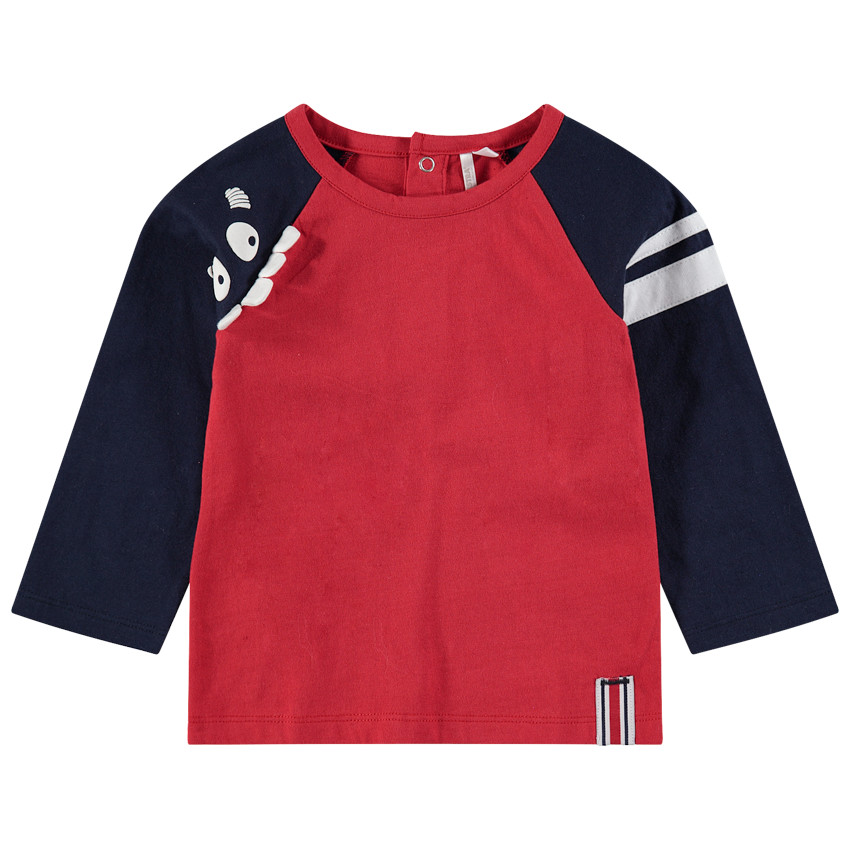 Tee-shirt manches longues bicolore avec monstre printé et dents en relief 