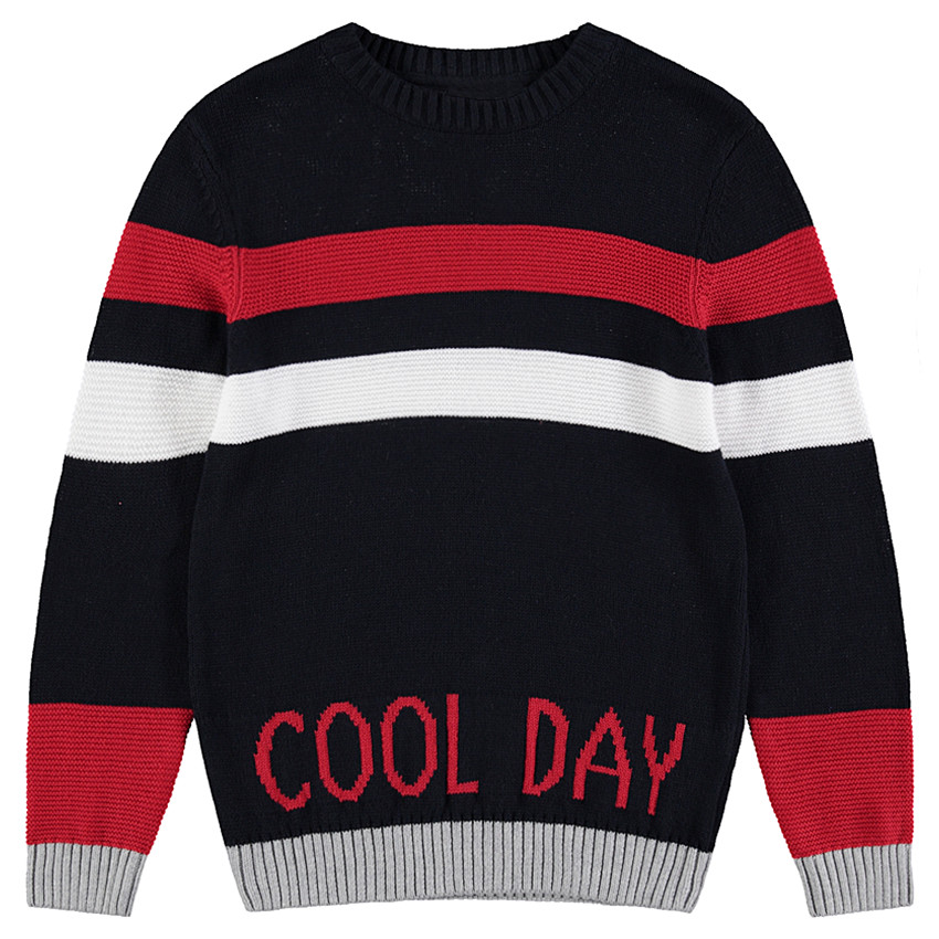 Junior - Pull en tricot avec bandes et inscription en jacquard 