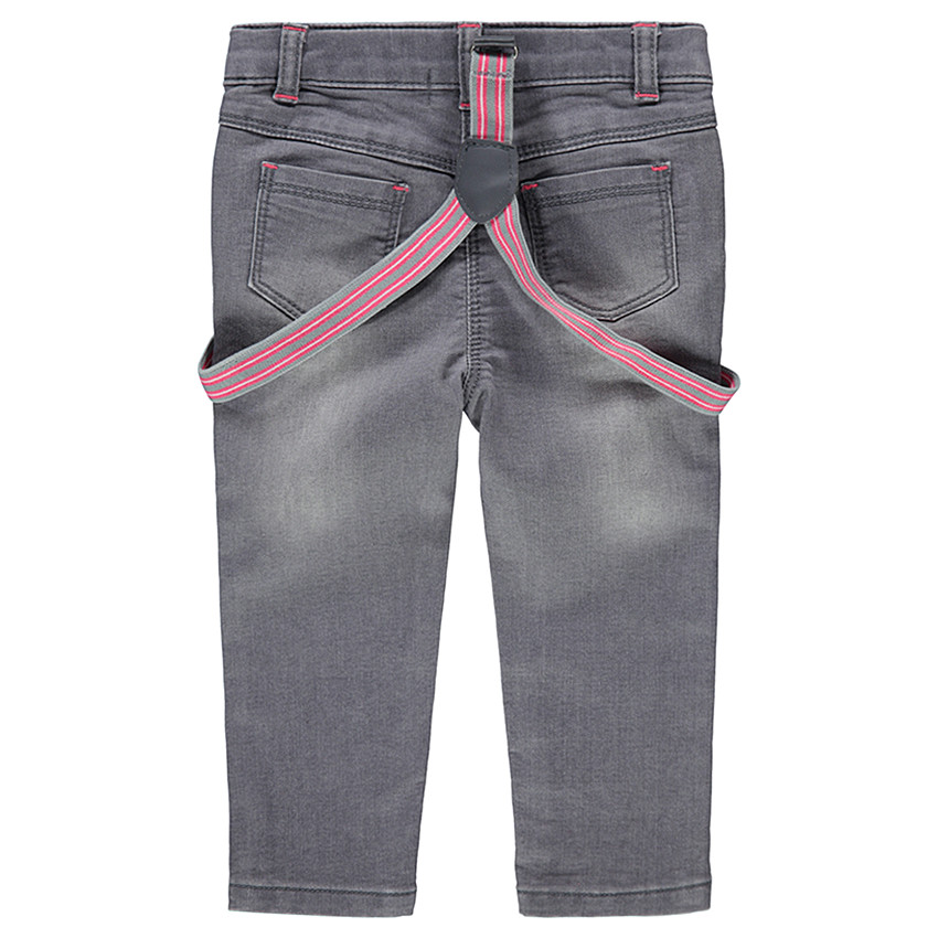 Jeans effet used et crinkle avec bretelles amovibles et motifs floraux 