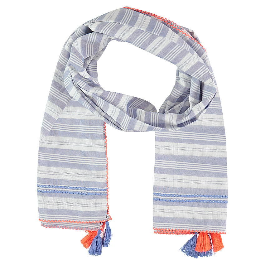 Chèche à rayures et pompons contrastés 