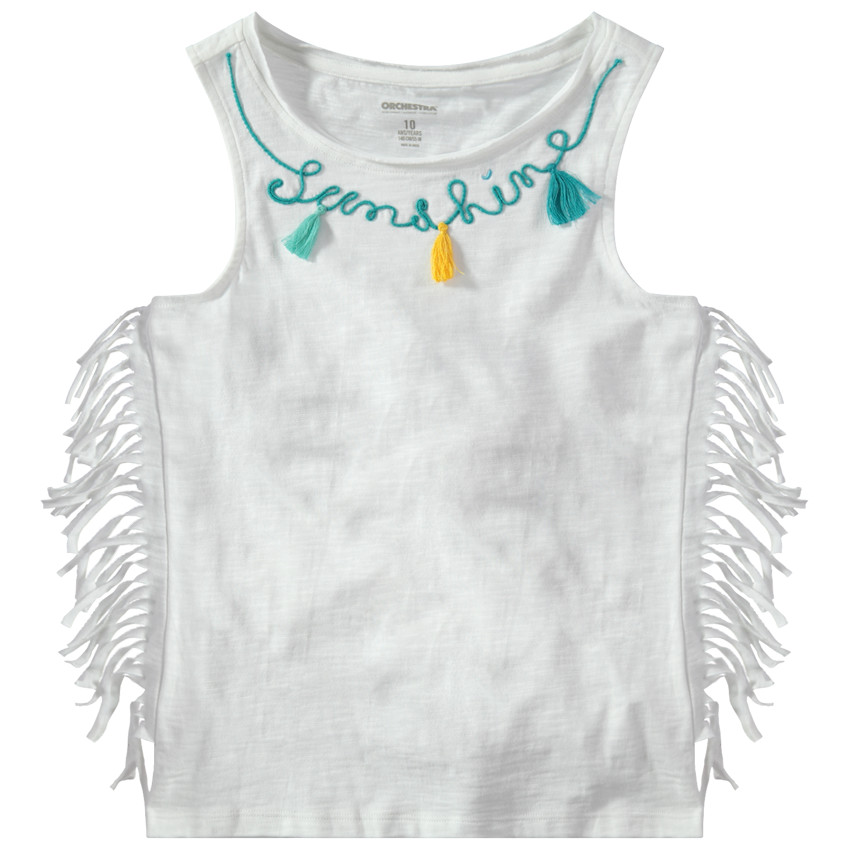 Tanktop van slub jerseystof met franjes en opschrift van touw 