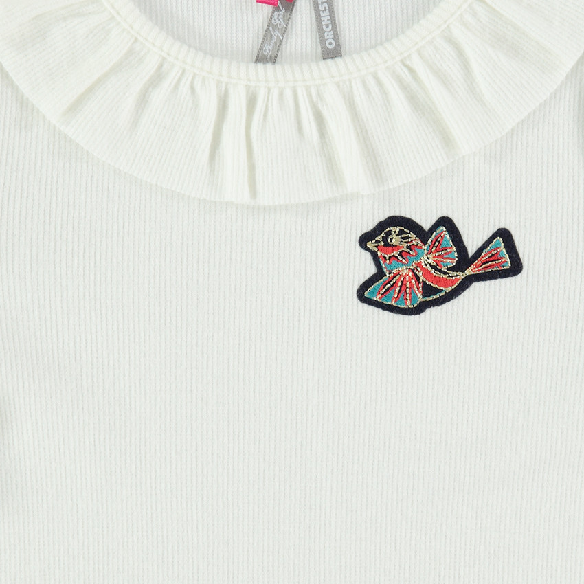Tee-shirt manches longues côtelé avec badge oiseau et col volanté  