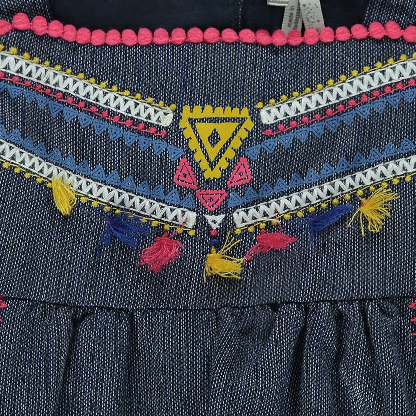 Robe en coton fantaisie avec broderies et pompons colorés 