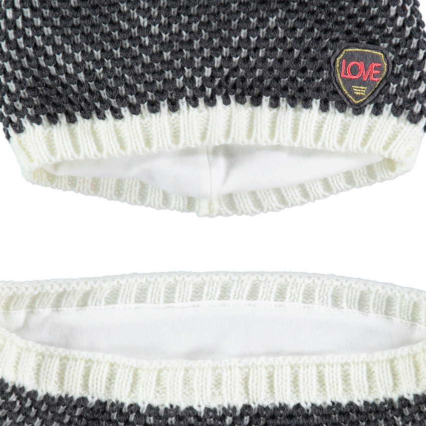 Junior - Ensemble bonnet et écharpe en tricot twisté avec badges 