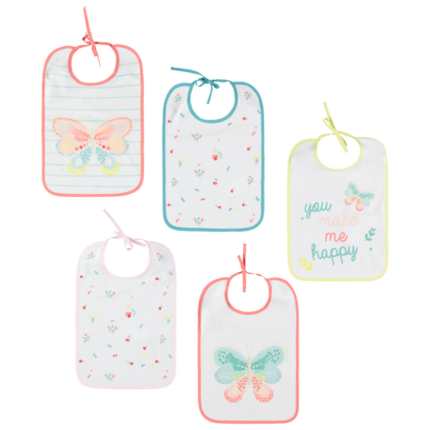 Lot de 5 bavoirs à motifs fantaisie et papillons colorés 