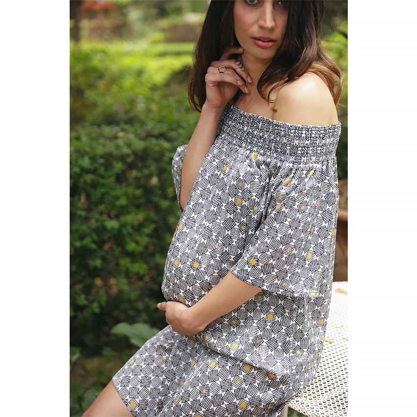 Robe de grossesse imprimée all-over avec col élastiqué 
