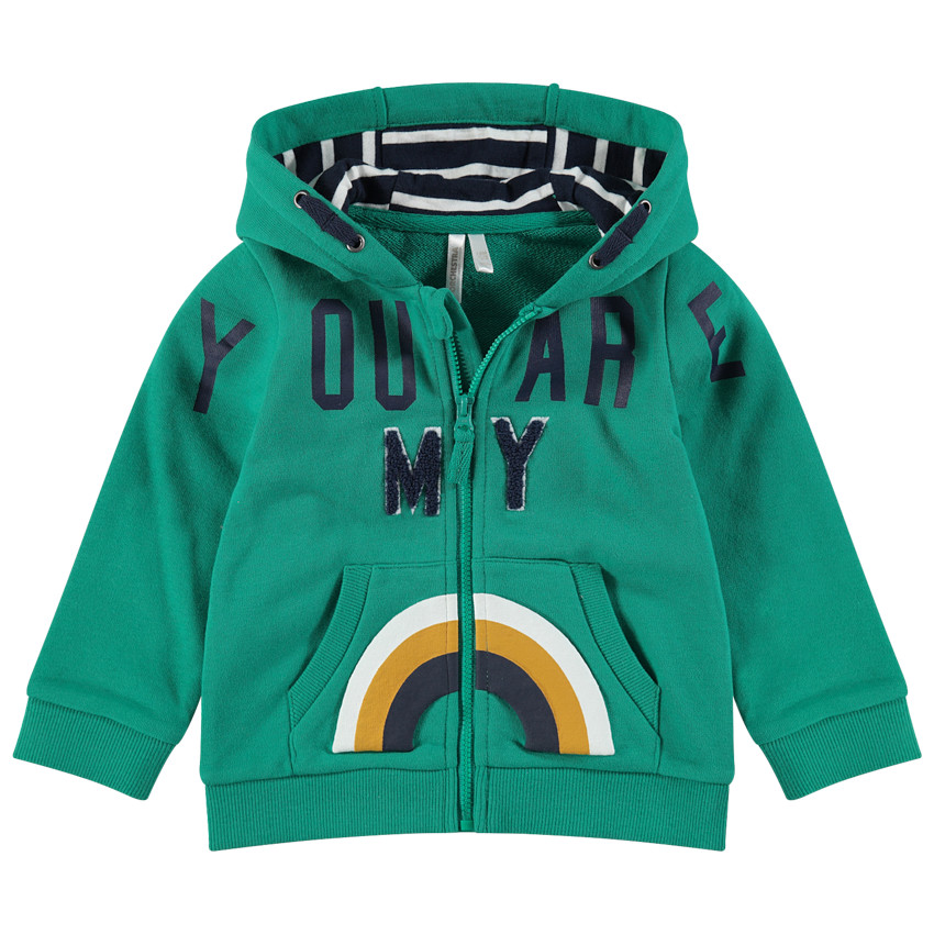 Gilet en molleton à capuche avec inscription en bouclette et arc-en-ciel printé 