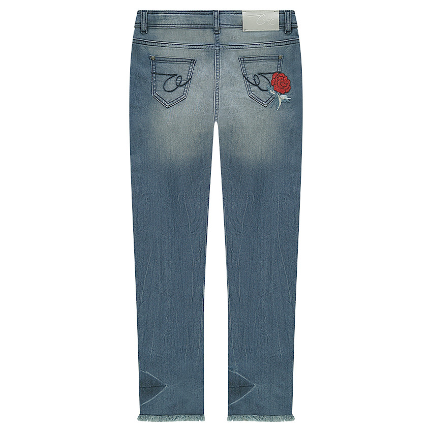 Junior - Jeans effet used et crinkle avec roses brodées 