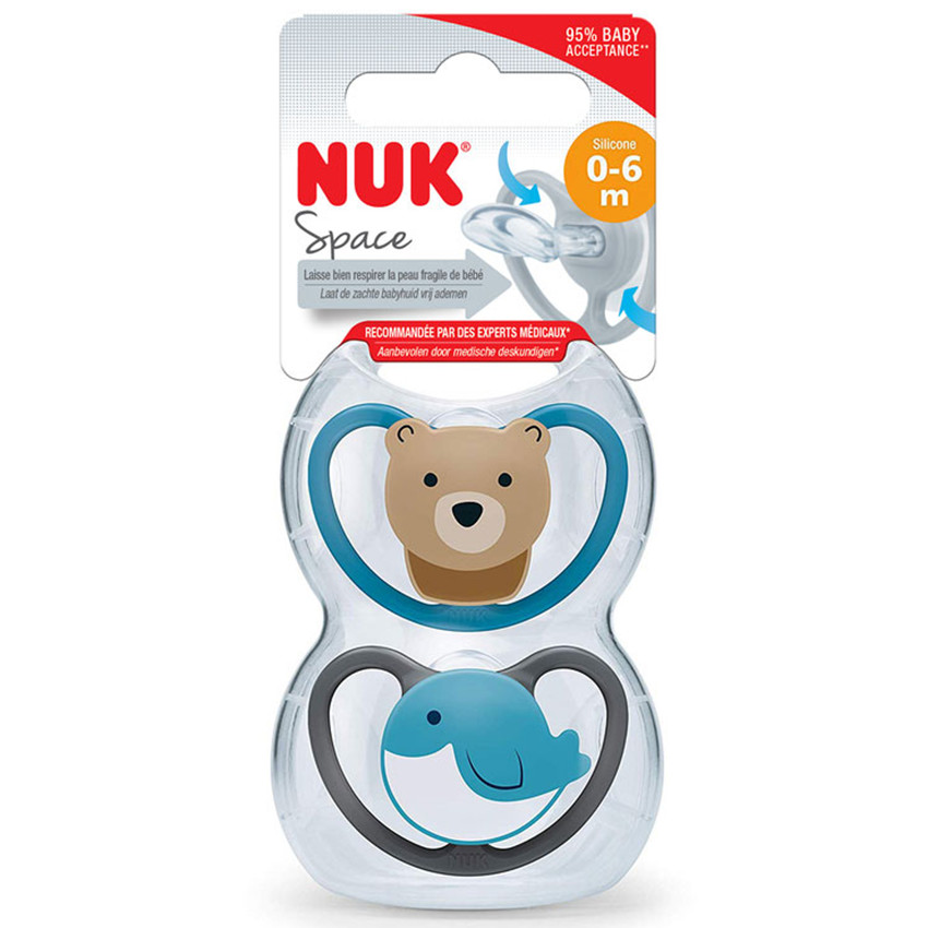 Lot de 2 sucettes silicone Space 0/6 mois - Baleine&Ours 