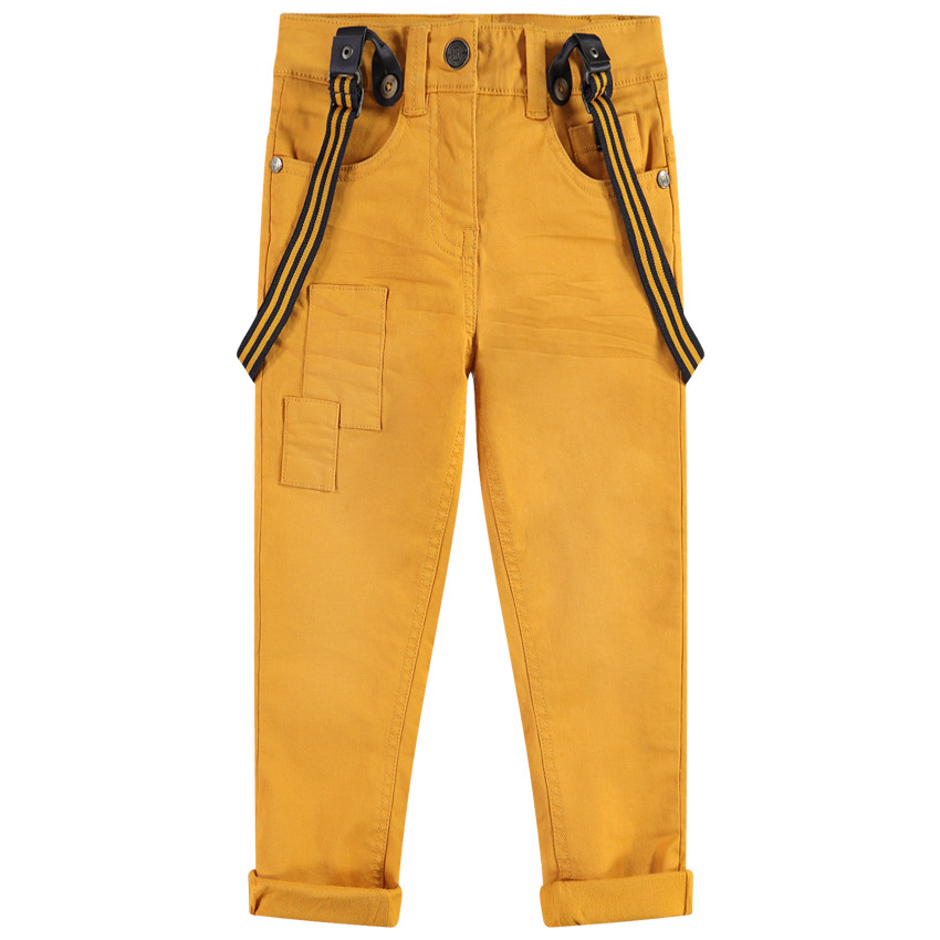 Pantalon en coton surteint effet crinkle avec bretelles rayées amovibles 