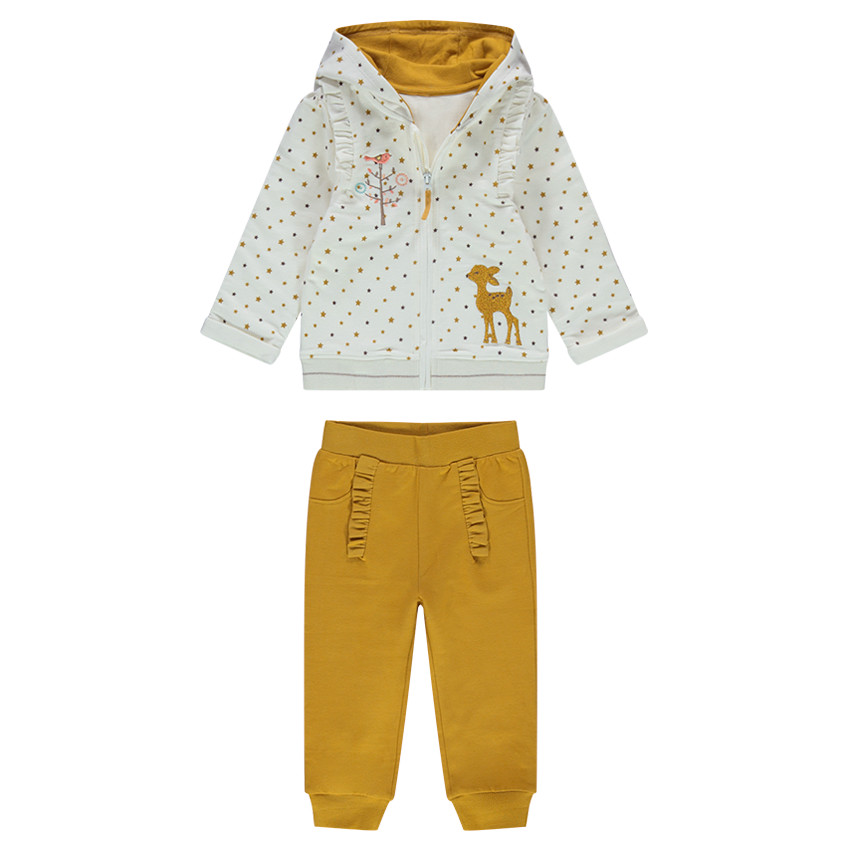 Jogging en molleton bicolore avec faon brodé sur le gilet et pantalon volanté 
