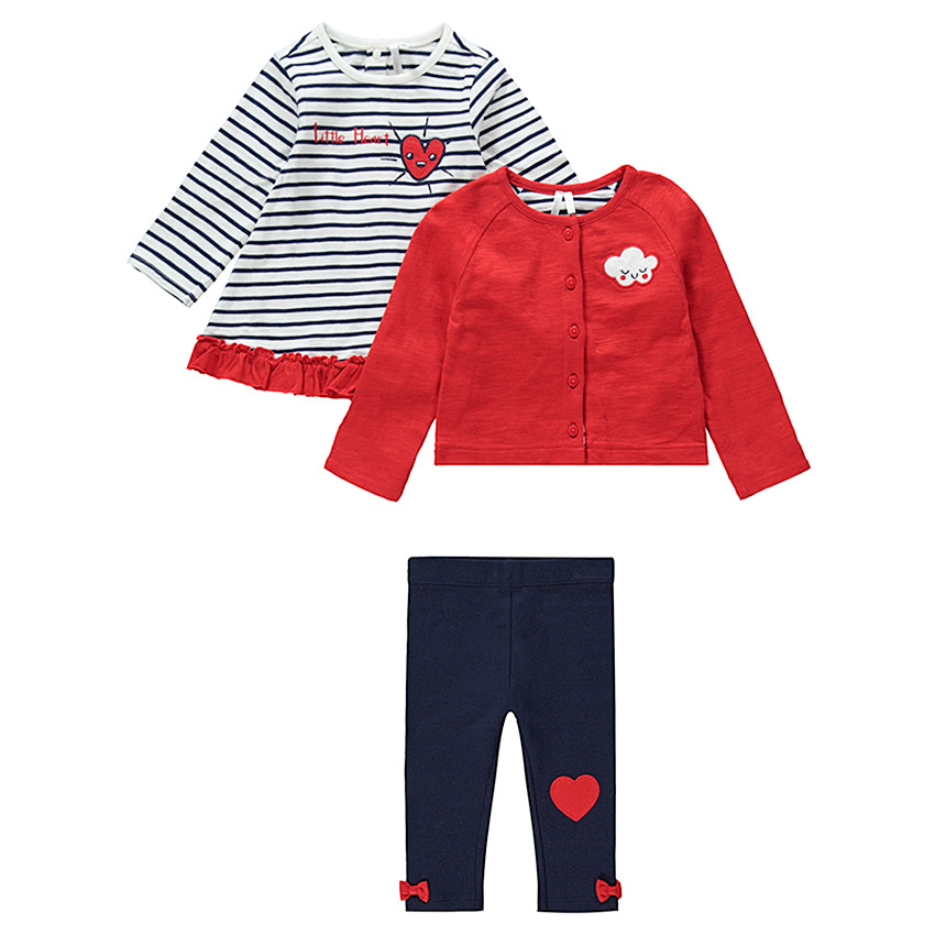 Ensemble avec tunique rayée, gilet uni et legging à petits noeuds 