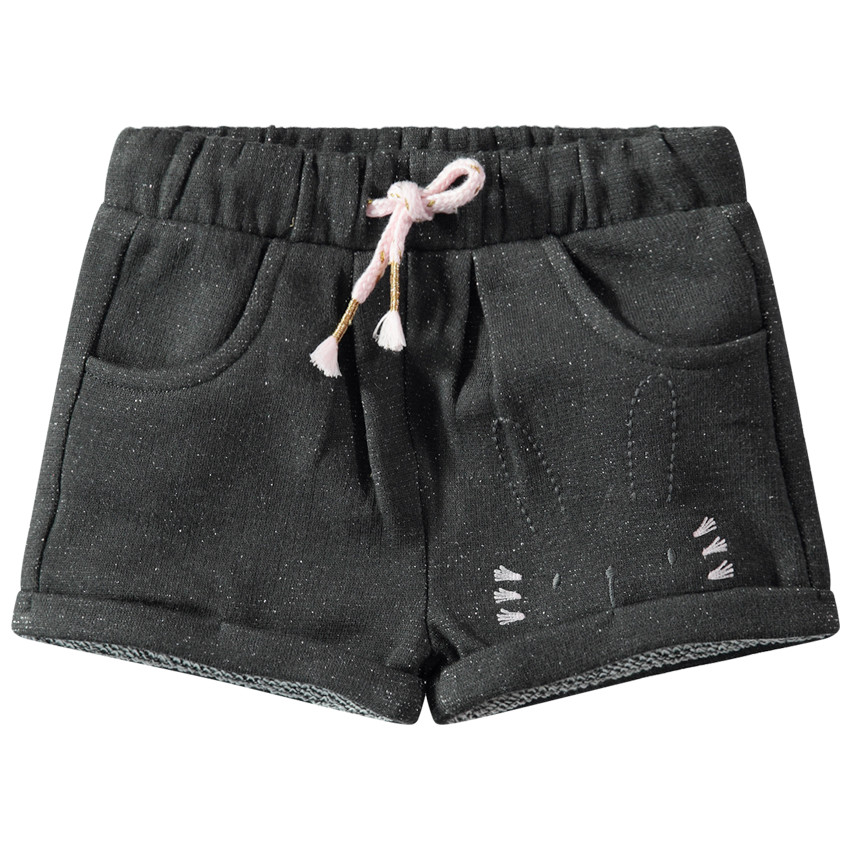 Short en molleton léger mélangé de fil argenté et lapin brodé 