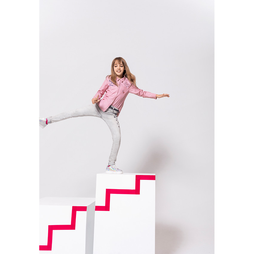 Junior - Jeans slim effet used et crinkle avec étoiles contrastées 