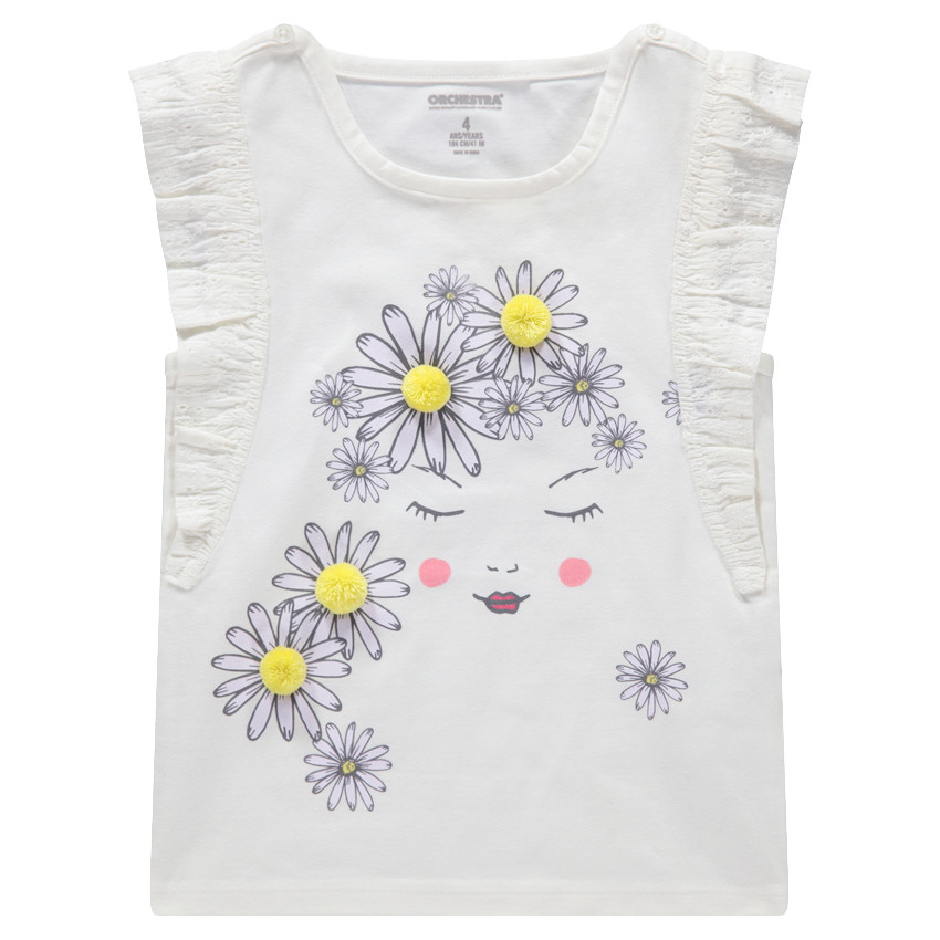 Tee-shirt manches courtes volantées avec fleurs printées et pompons 