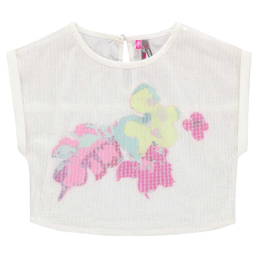 Top court printé manches courtes avec tulle fantaisie  