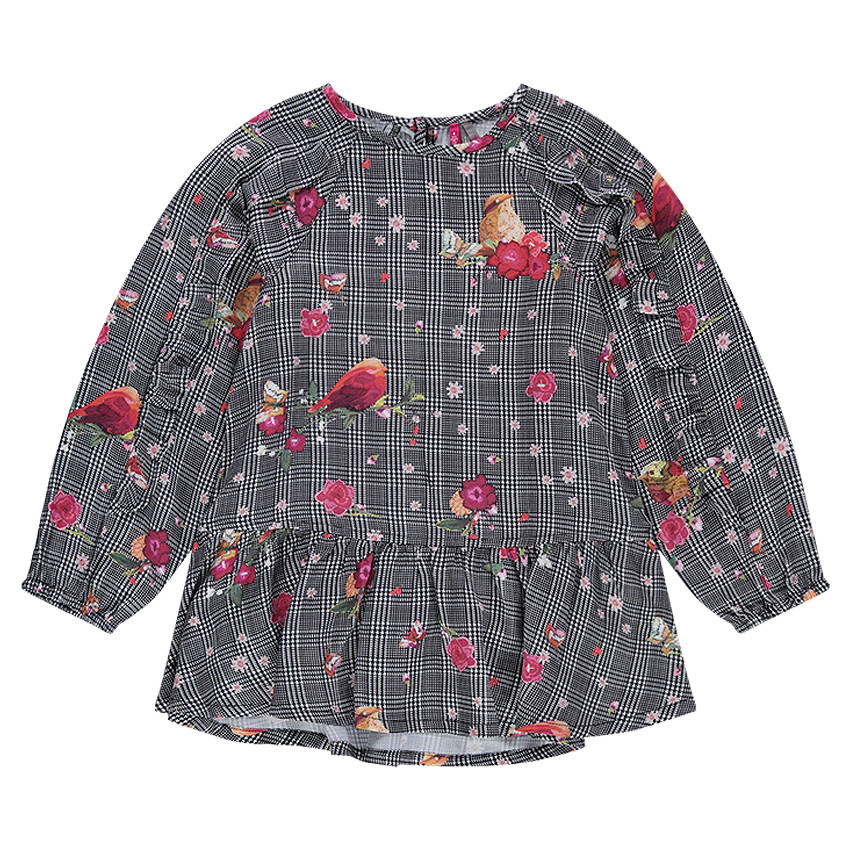Tunique à carreaux avec fleurs et oiseaux printés 