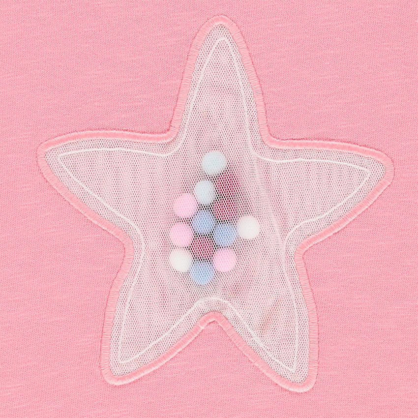 Tee-shirt manches longues volanté avec pompons sous empiècement en résille 