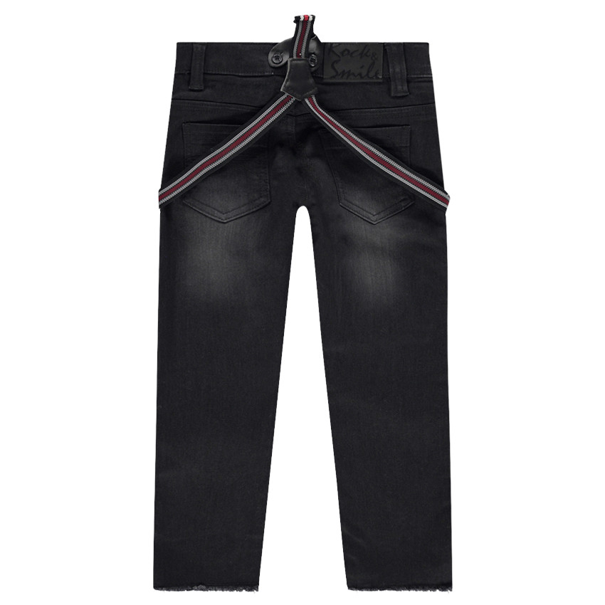 Jeans effet used avec bretelles rayées amovibles 