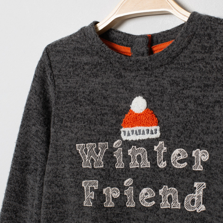 T-shirt manches longues à message printé et détail en bouclette 