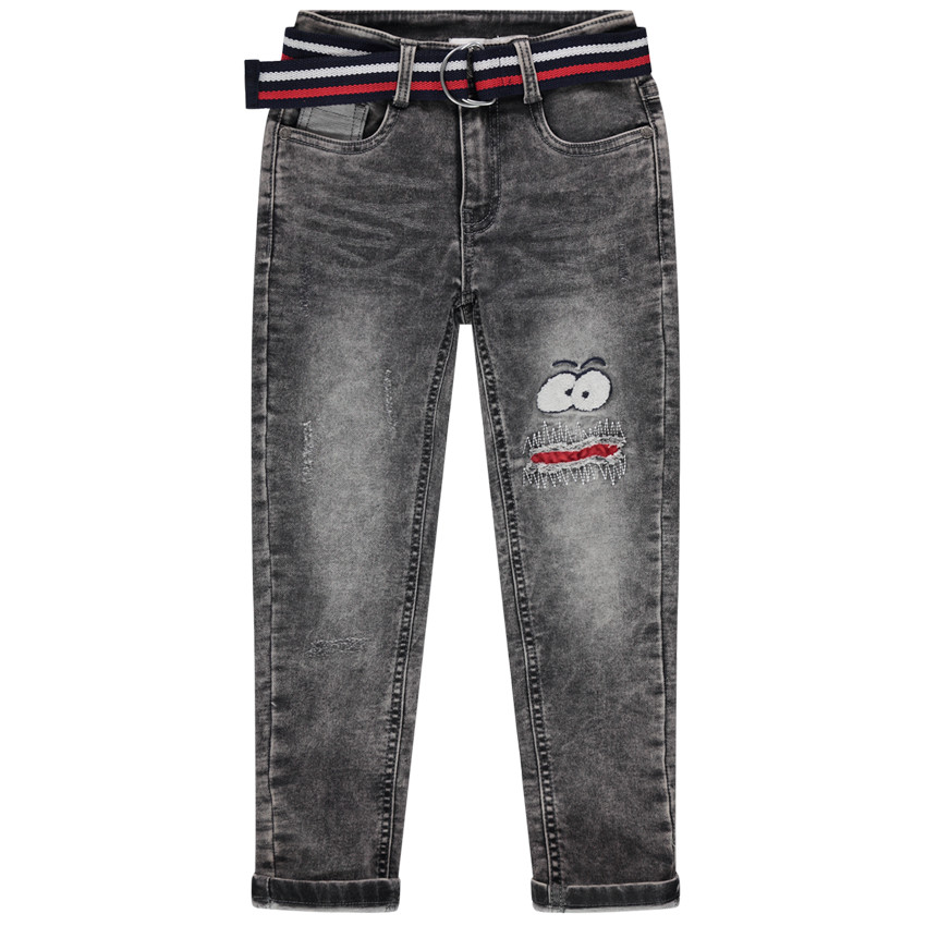Jean souple effet used avec ceinture ajustable rayée 