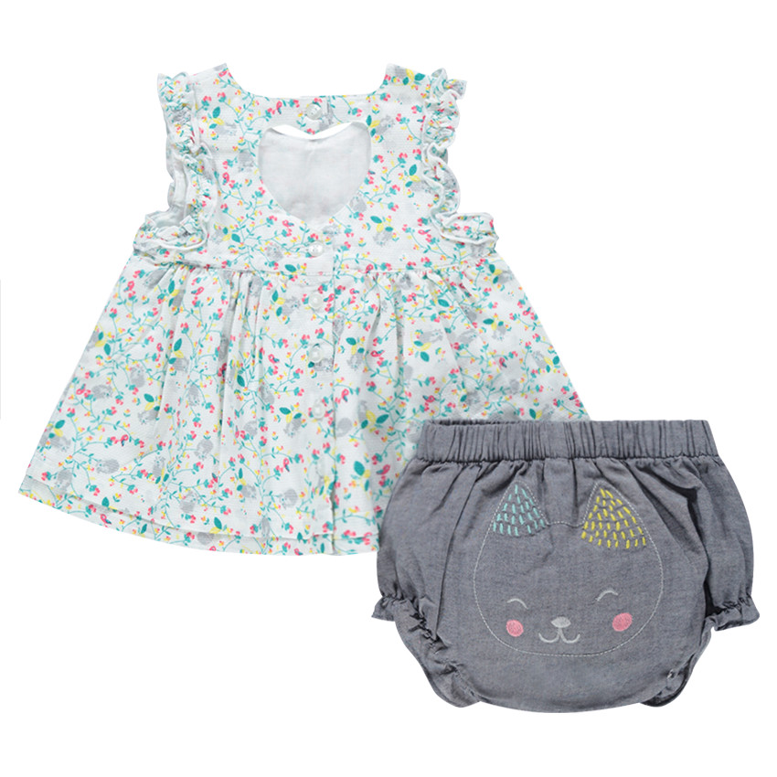 Ensemble avec tunique à fleur et bloomer avec chat brodé 