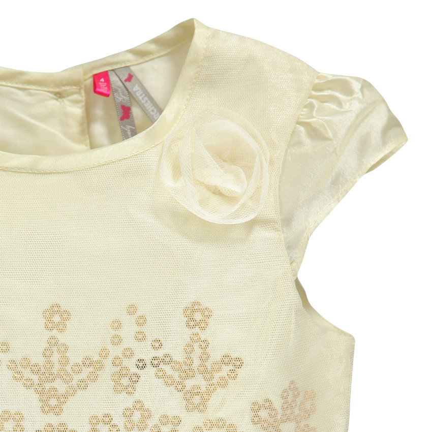 Robe manches courtes effet satiné avec tulle et sequins 