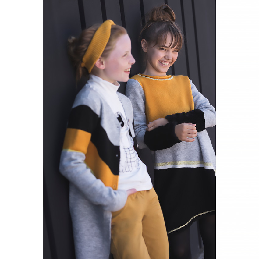 Junior - Gilet long en tricot chiné avec bandes contrastées 