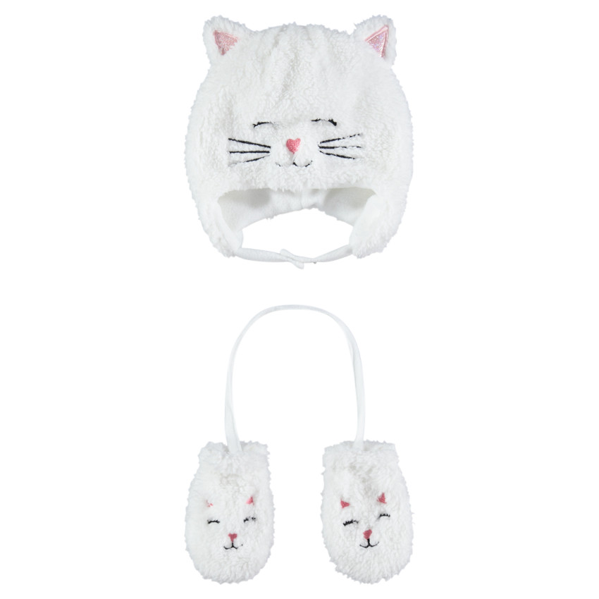 Ensemble bonnet et moufles chat en sherpa doublés de micropolaire 