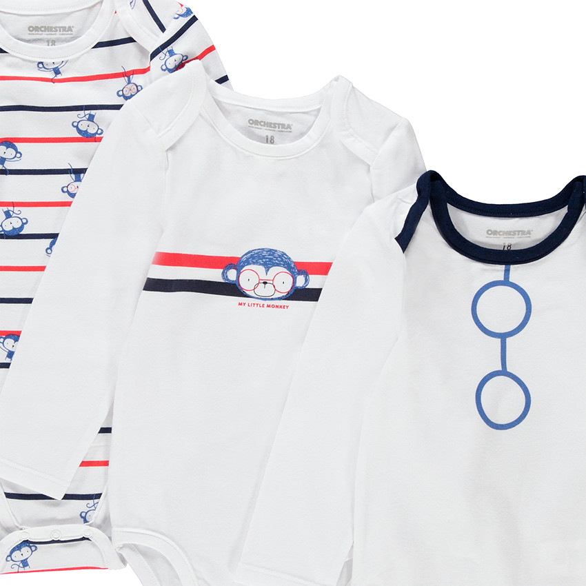 Lot de 3 bodies manches longues en coton avec singes printés 