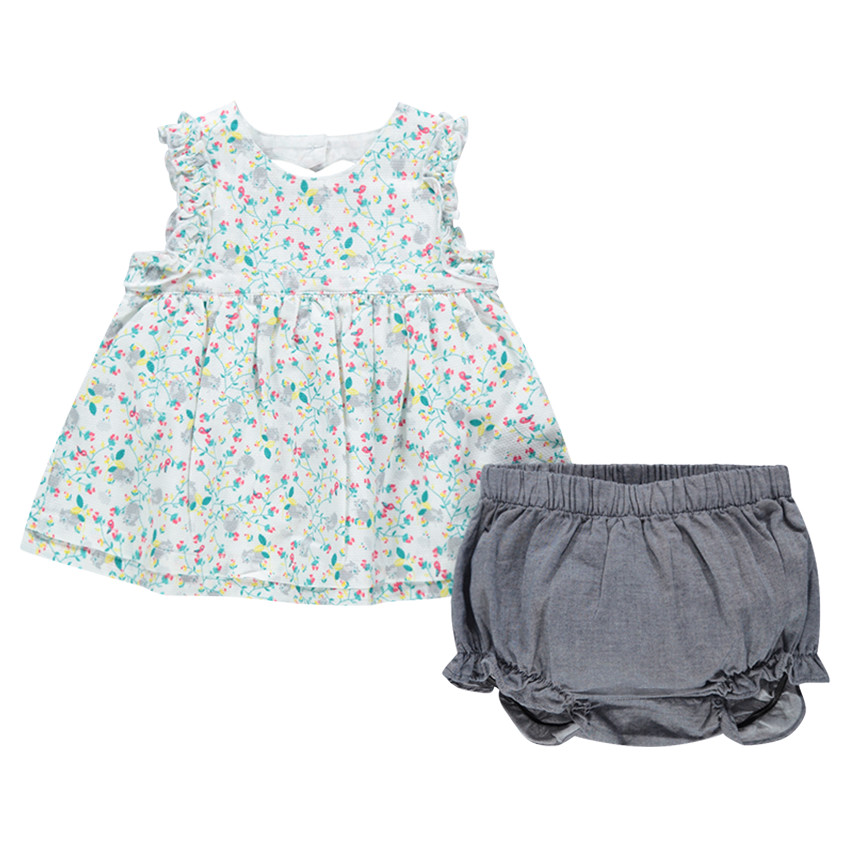 Ensemble avec tunique à fleur et bloomer avec chat brodé 