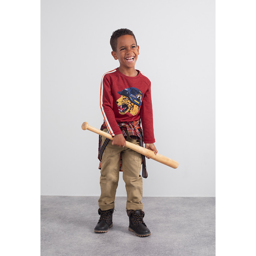 Pantalon en coton surteint effet crinkle avec bretelles rayées amovibles 