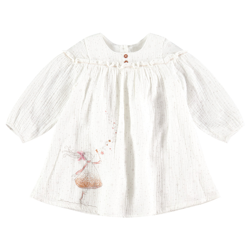 Robe manches longues en coton tubique avec poupée pailletée printée 