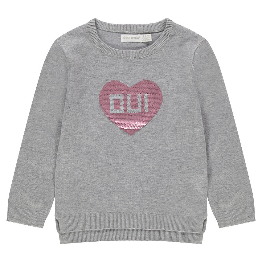 Pull en tricot gris chiné avec coeur en sequins magiques 