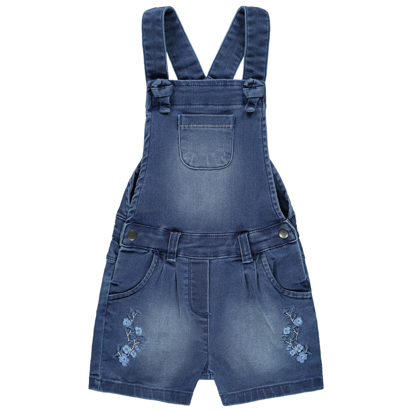 Salopette en jean effet used à fleurs brodées 