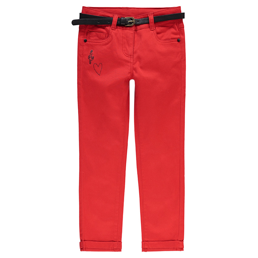 Pantalon slim en satin de coton uni avec ceinture amovible effet cuir 