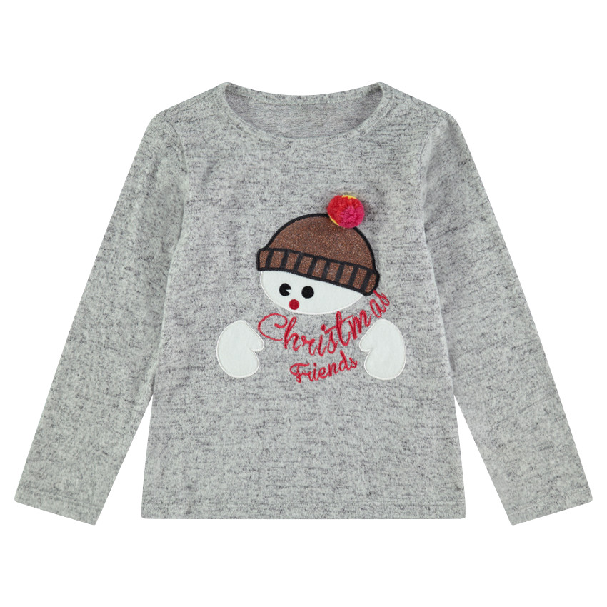 Tee-shirt manches longues chiné esprit Noël avec bonhomme de neige brodé 