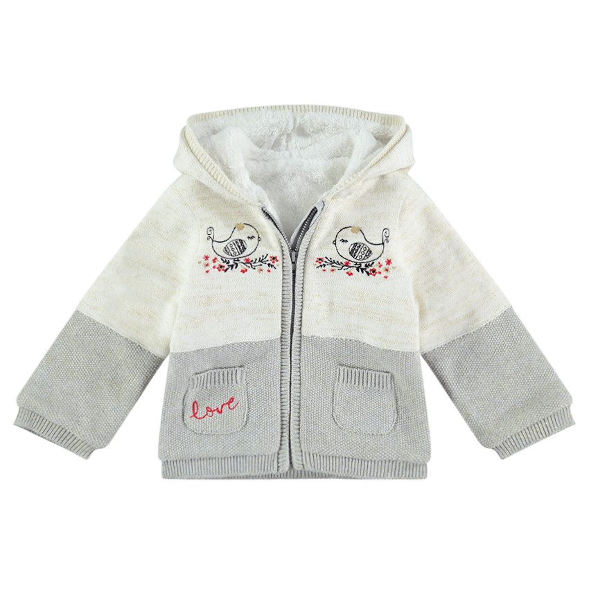 Gilet à capuche en tricot doublé sherpa avec oiseaux brodés 