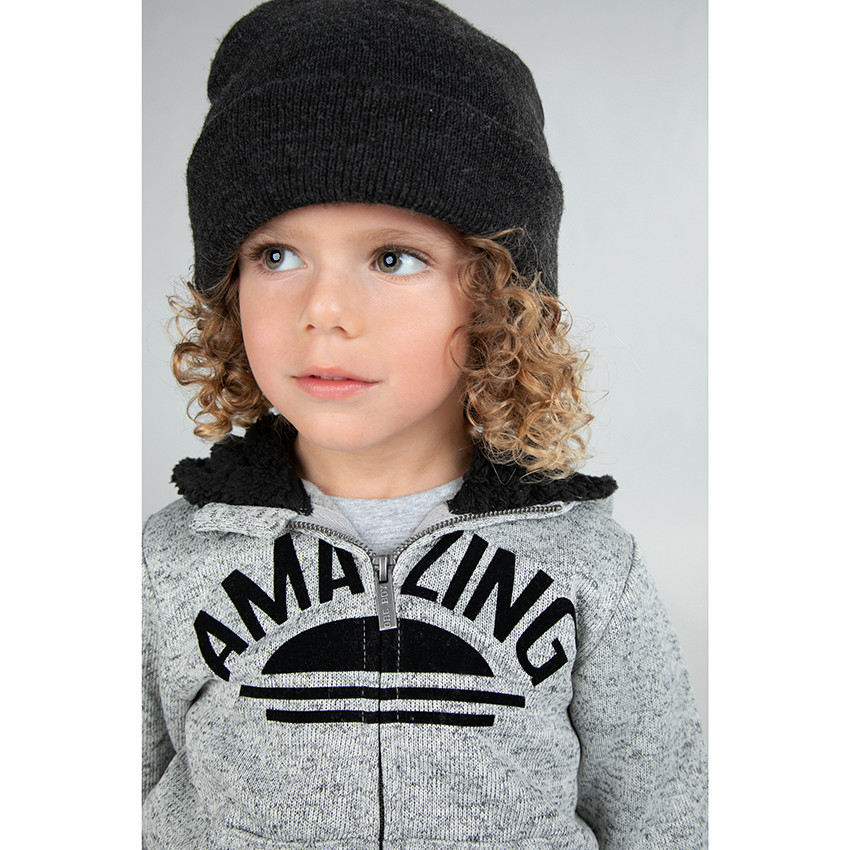 Veste en molleton chiné avec capuche doublée sherpa et textes printés 