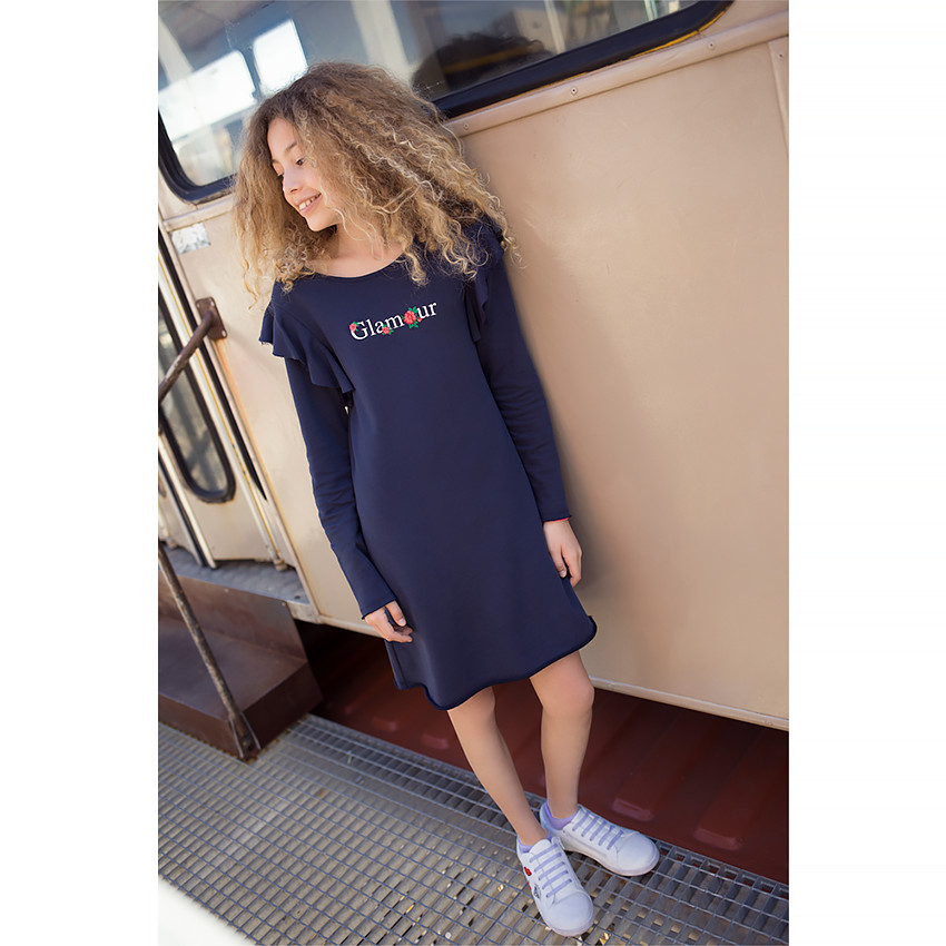 Junior - Robe en molleton fluide avec volants et fleurs brodées 