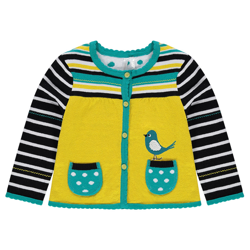 Gilet en tricot avec rayures placées et oiseau en jacquard 