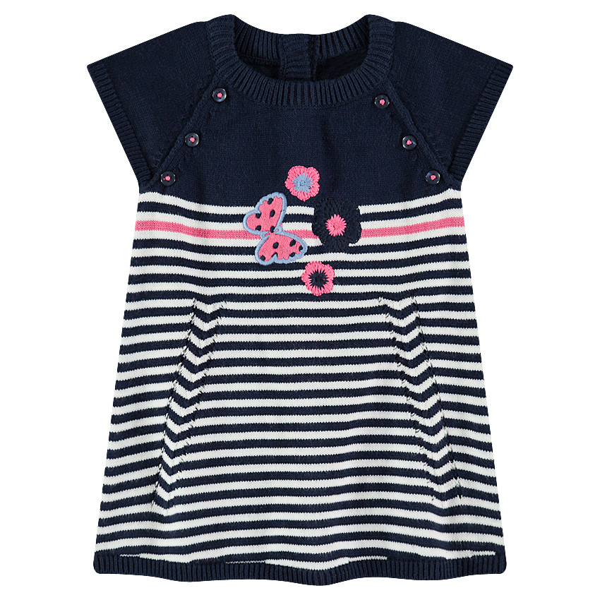 Robe manches courtes en tricot avec rayures jacquard et broderies 