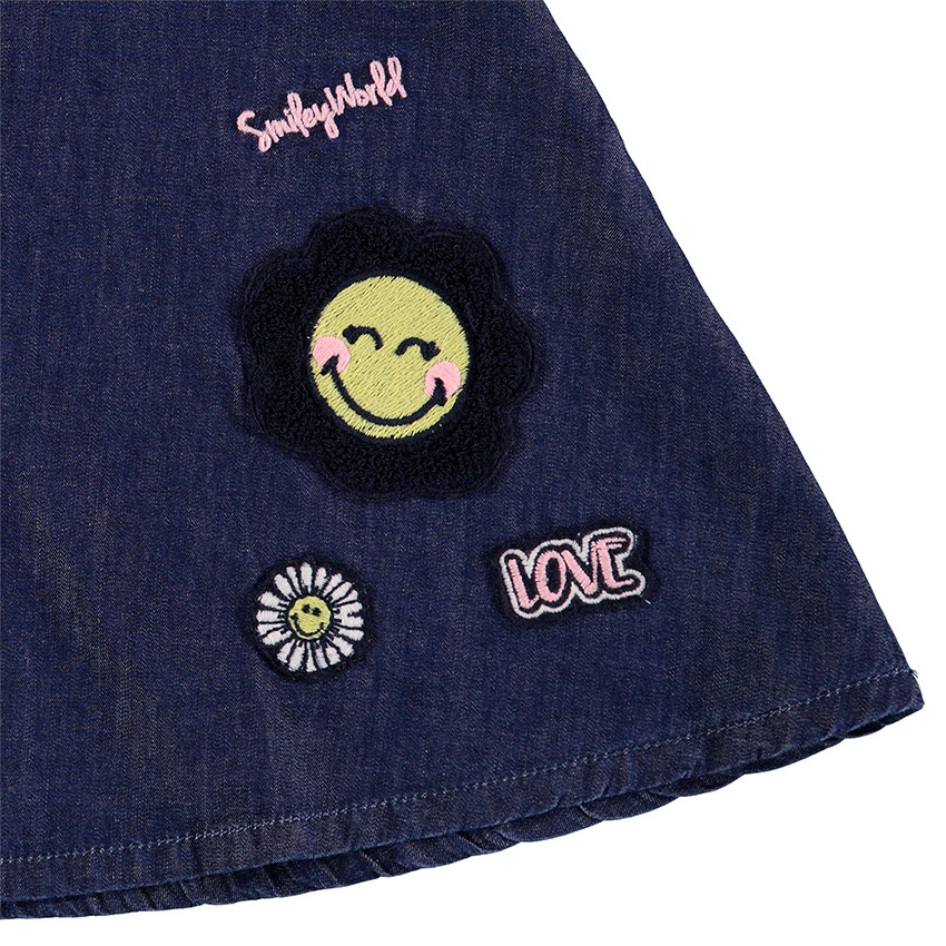 Robe-salopette en chambray avec bretelles volantées et Smiley brodé 