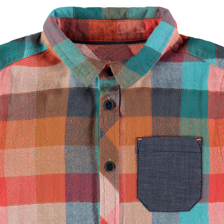 Chemise manches longues à carreaux avec poche en chambray 