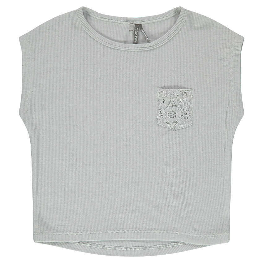 Tee-shirt manches courtes à côtes forme boîte et poche dentelle 
