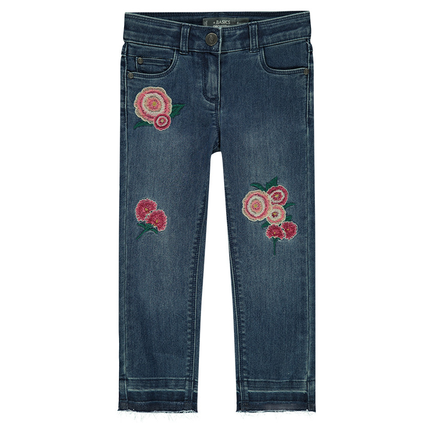 Junior - Jeans effet used avec roses brodées 